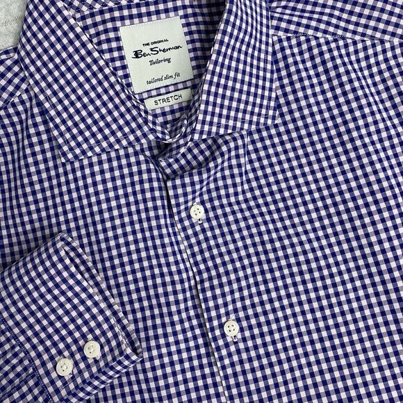 Ben Sherman Tailored‎ Slim Fit Stretch 16.5 Long Sleeve Button Up Blue Shirt - Picture 1 of 5